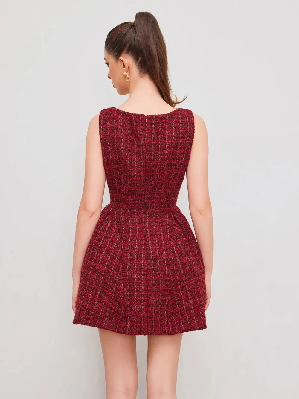 CIDER TWEED BOAT NECK MINI DRESS RED Size XS